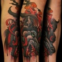 Old school style colored colored arm tattoo of bloody demonic goat