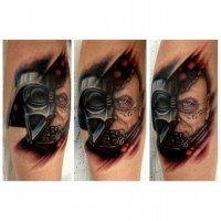 Old school style colored Darth Vader with mask tattoo on leg