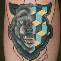 Old school style colored demonic wolf tattoo  combined with geometrical figures