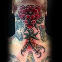 Old school style colored flower tattoo on neck stylized with eagle foot