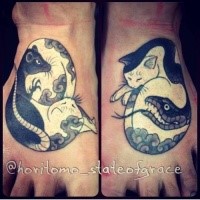 Old school style colored foot tattoo of Manmon cats by horitomo with snake and rat