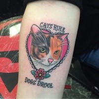 Old school style colored for girls tattoo of cat with lettering