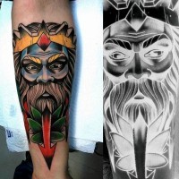 Old school style colored forearm tattoo of fantasy man portrait