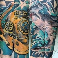 Old school style colored forearm tattoo of hammerhead shark and old diver