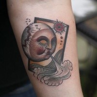 Old school style colored forearm tattoo of interesting looking picture with moon and waves