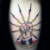 Old school style colored forearm tattoo of lineman symbol with lettering