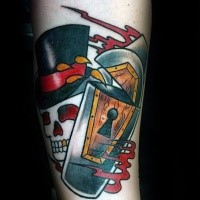 Old school style colored forearm tattoo of skeleton with coffin