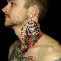 Old school style colored framed in clouds ship neck tattoo decorated with flower