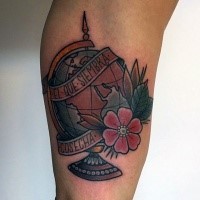 Old school style colored globe with flowers tattoo combined with lettering