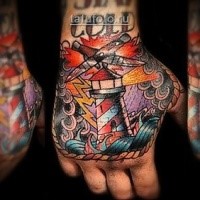 Old school style colored hand tattoo of big lighthouse with plane and lightning