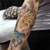 Old school style colored hand with magical bottle tattoo on forearm combined with flowers and lettering