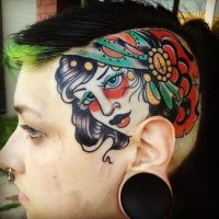 Old school style colored head tattoo of gypsy woman with rose