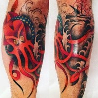 Old school style colored leg tattoo of red octopus with sailing ship