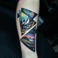 Old school style colored leg tattoo of triangles with various pictures