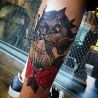 Old school style colored leg tattoo of horse with eye and rose