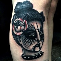 Old school style colored leg tattoo of creepy woman with rose