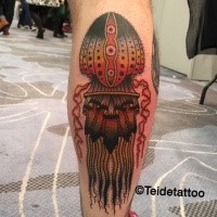 Old school style colored leg tattoo of awesome jellyfish