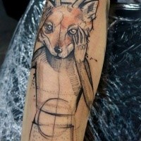 Old school style colored leg tattoo of fox with deer horns