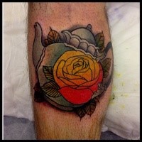 Old school style colored leg tattoo of tea pot with flower