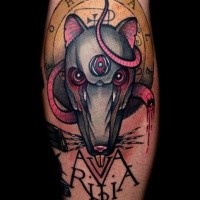 Old school style colored leg tattoo of demonic rat with worm and symbols