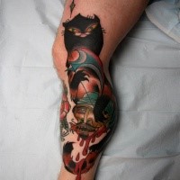 Old school style colored leg tattoo of of bloody human head with creepy cat