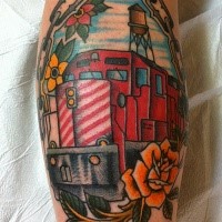 Old school style colored leg tattoo of modern big train with chain and flower