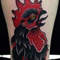 Old school style colored leg tattoo of creepy cock