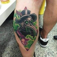 Old school style colored leg tattoo of mystical plague doctor with bulb
