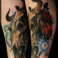 Old school style colored leg tattoo of animal skull with flowers