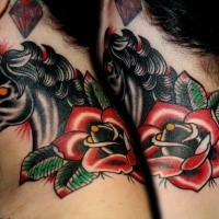 Old school style colored neck tattoo of demonic horse with rose