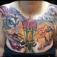 Old school style colored owl witch tattoo on chest with old street lighter