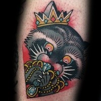 Old school style colored raccoon with crown and jewelry