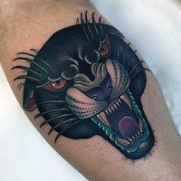 Old school style colored roaring black panther portrait tattoo