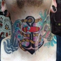 Old school style colored roped anchor and crazy shark tattoo on neck with water splashes