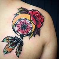 Old school style colored scapular tattoo of dream catcher with rose