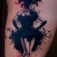Old school style colored seductive woman with crows tattoo on thigh