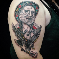 Old school style colored shoulder tattoo of old Indian with crow and guitar