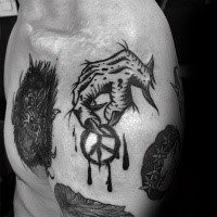Old school style colored shoulder tattoo of creepy hand and pacific symbol