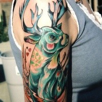 Old school style colored shoulder tattoo of deer with arrows