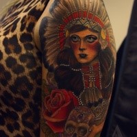 Old school style colored shoulder tattoo of Indian woman with skull and rose
