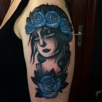 Old school style colored shoulder tattoo of crying woman with rose