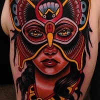 Old school style colored shoulder tattoo of beautiful woman with butterfly mask