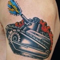 Old school style colored shoulder tattoo of little tank