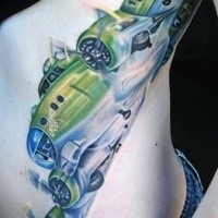 Old school style colored side tattoo of large WW2 bomber plane