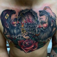 Old school style colored smoking sailors with flower and ship tattoo on chest