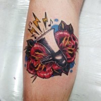 Old school style colored speaker tattoo stylized with rose flowers