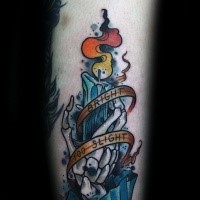 Old school style colored tattoo of burning candle with lettering