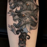 Old school style colored tattoo of Cerberus with snake and dagger