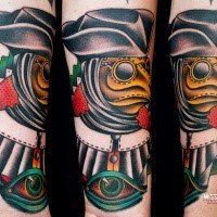 Old school style colored tattoo of mystical plague doctor with mystic eye