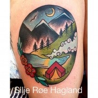 Old school style colored tattoo of night camping in mountains